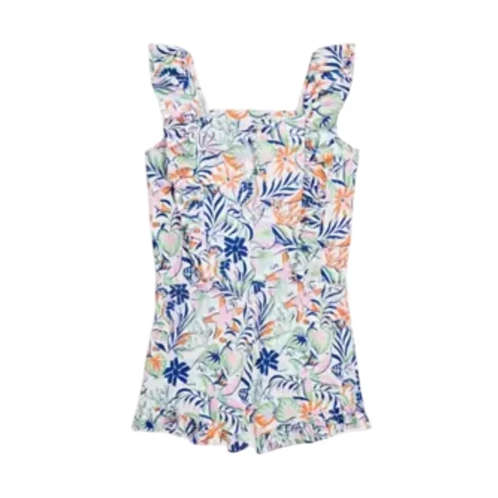 NWT Polo‎ Ralph Lauren Girls Tropical Print Ruffled Romper Multi-Color Summer